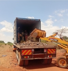 Wheel loader loading trucks